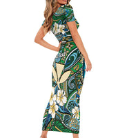 Personalised Hawaii Tribal Humpback Whale Short Sleeve Bodycon Dress Omaomao Hibiscus Seamless Pattern
