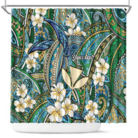 Personalised Hawaii Tribal Humpback Whale Shower Curtain Omaomao Hibiscus Seamless Pattern
