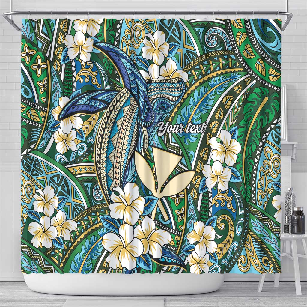 Personalised Hawaii Tribal Humpback Whale Shower Curtain Omaomao Hibiscus Seamless Pattern