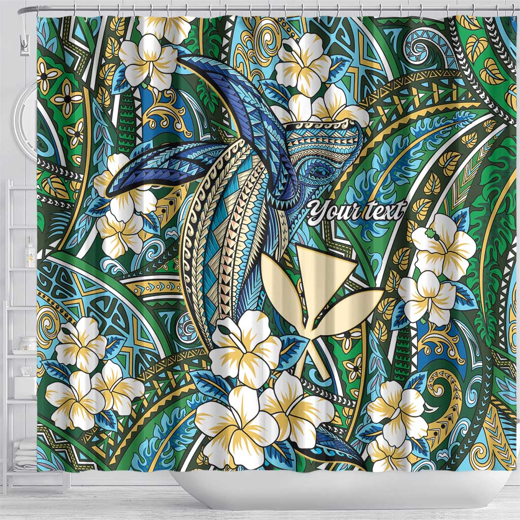 Personalised Hawaii Tribal Humpback Whale Shower Curtain Omaomao Hibiscus Seamless Pattern