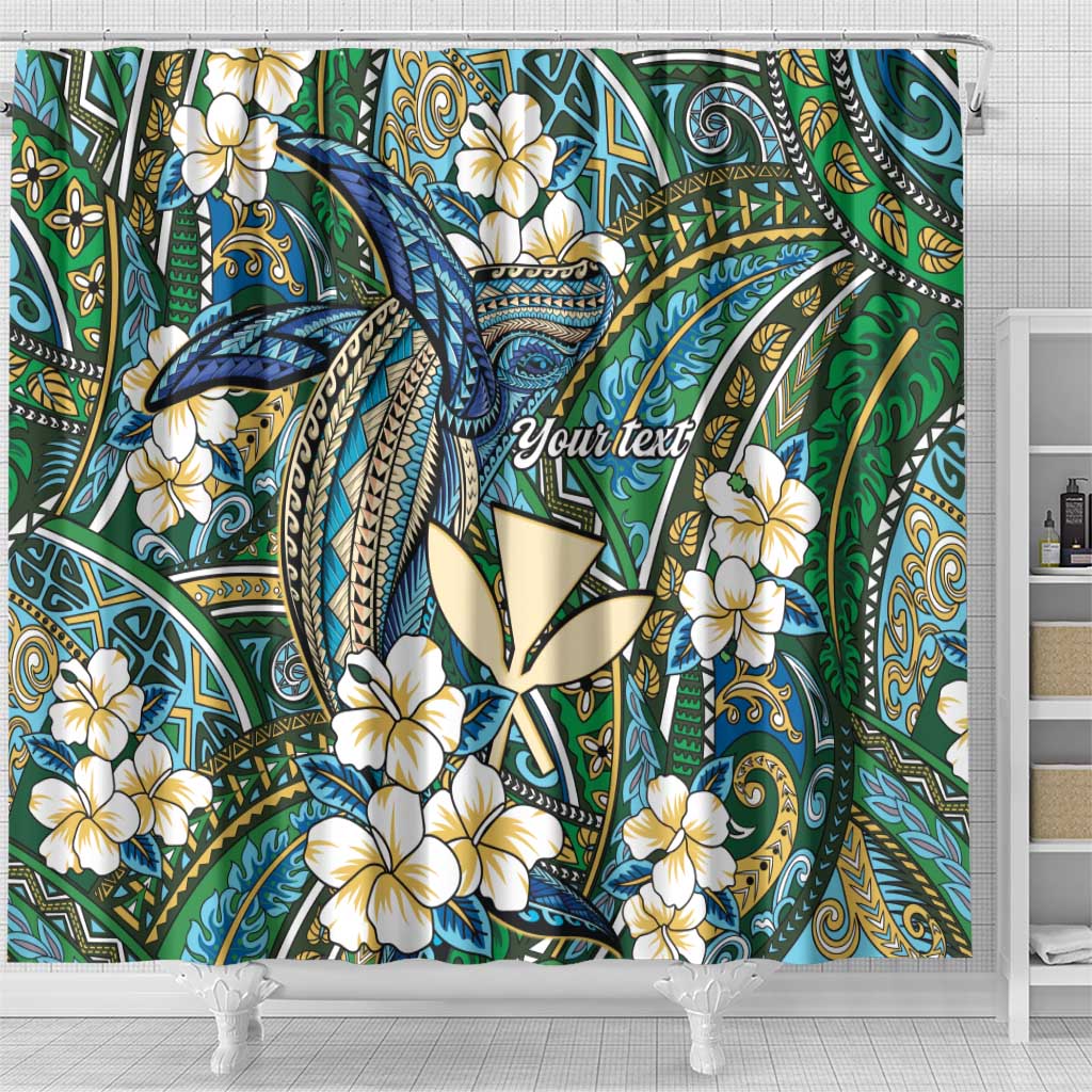 Personalised Hawaii Tribal Humpback Whale Shower Curtain Omaomao Hibiscus Seamless Pattern
