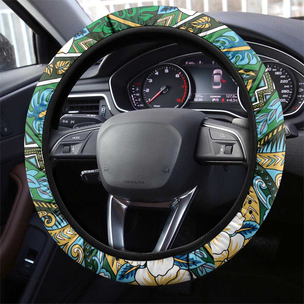 Hawaii Tribal Humpback Whale Steering Wheel Cover Omaomao Hibiscus Seamless Pattern