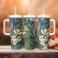 Personalised Hawaii Tribal Humpback Whale Tumbler With Handle Omaomao Hibiscus Seamless Pattern