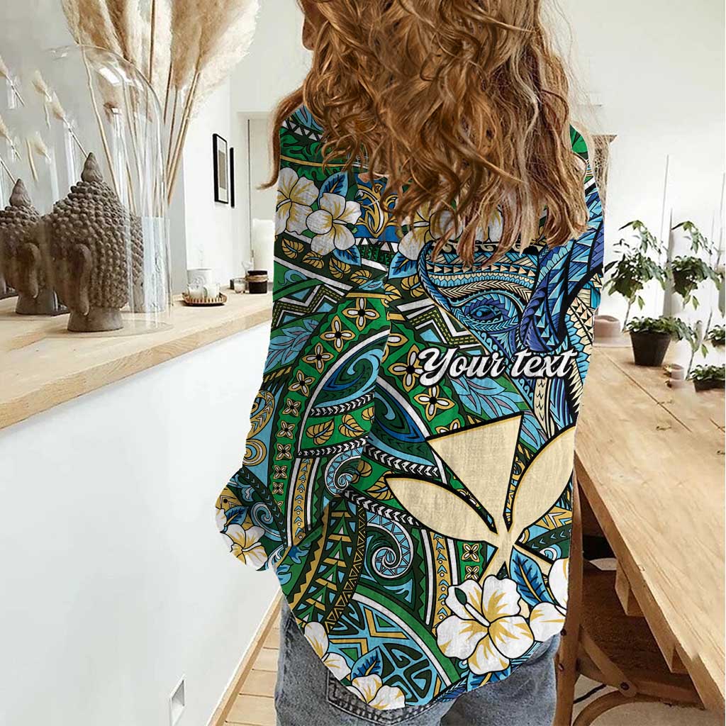 Personalised Hawaii Tribal Humpback Whale Women Casual Shirt Omaomao Hibiscus Seamless Pattern