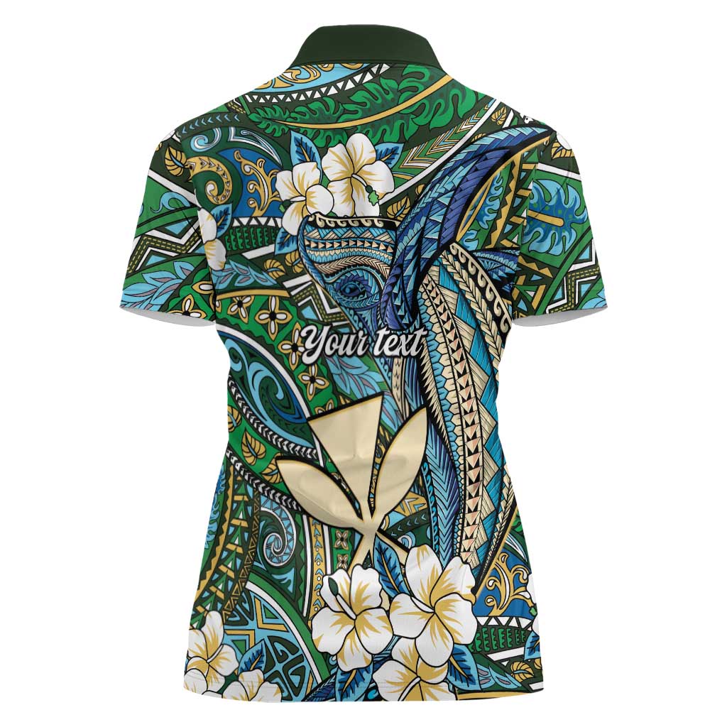 Personalised Hawaii Tribal Humpback Whale Women Polo Shirt Omaomao Hibiscus Seamless Pattern
