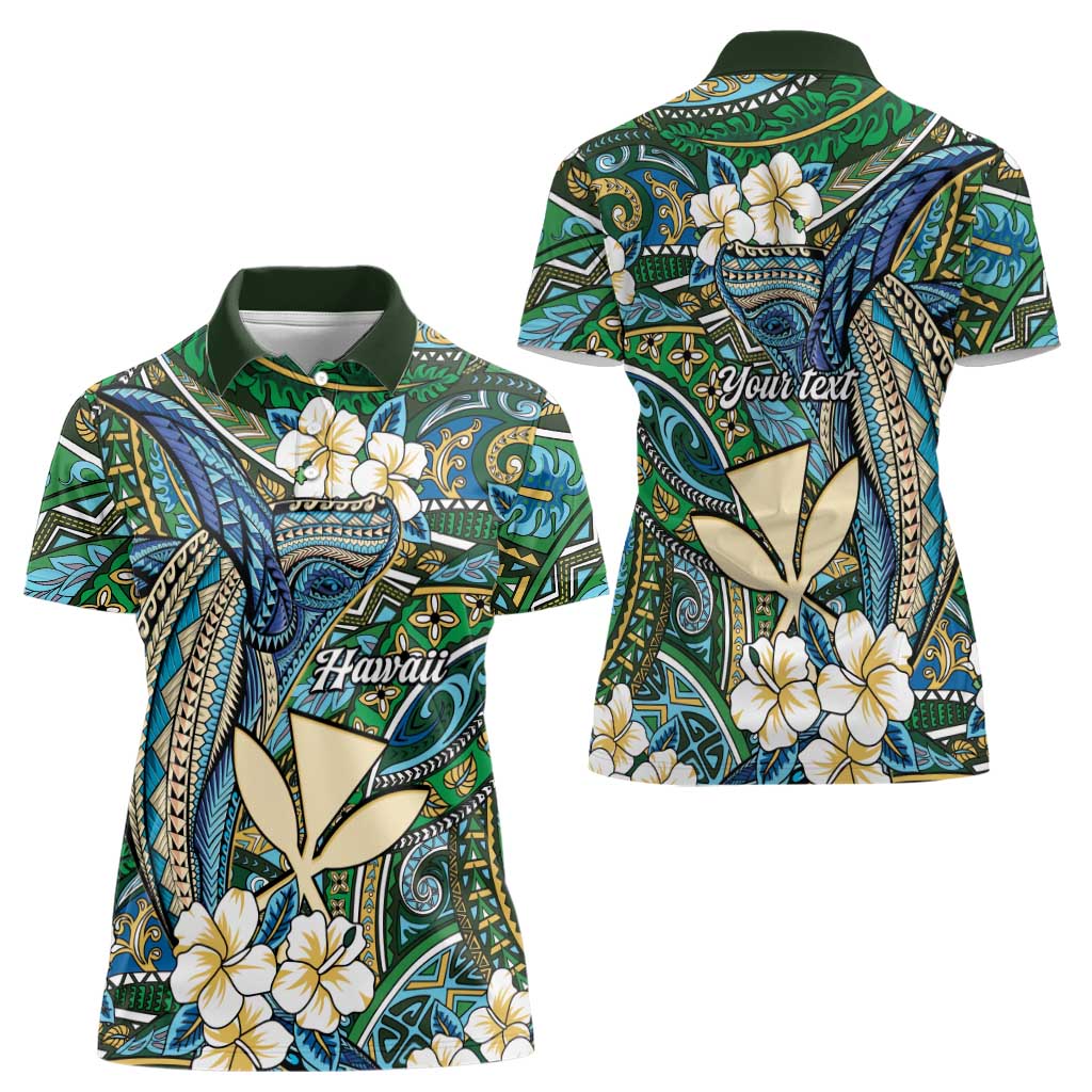 Personalised Hawaii Tribal Humpback Whale Women Polo Shirt Omaomao Hibiscus Seamless Pattern