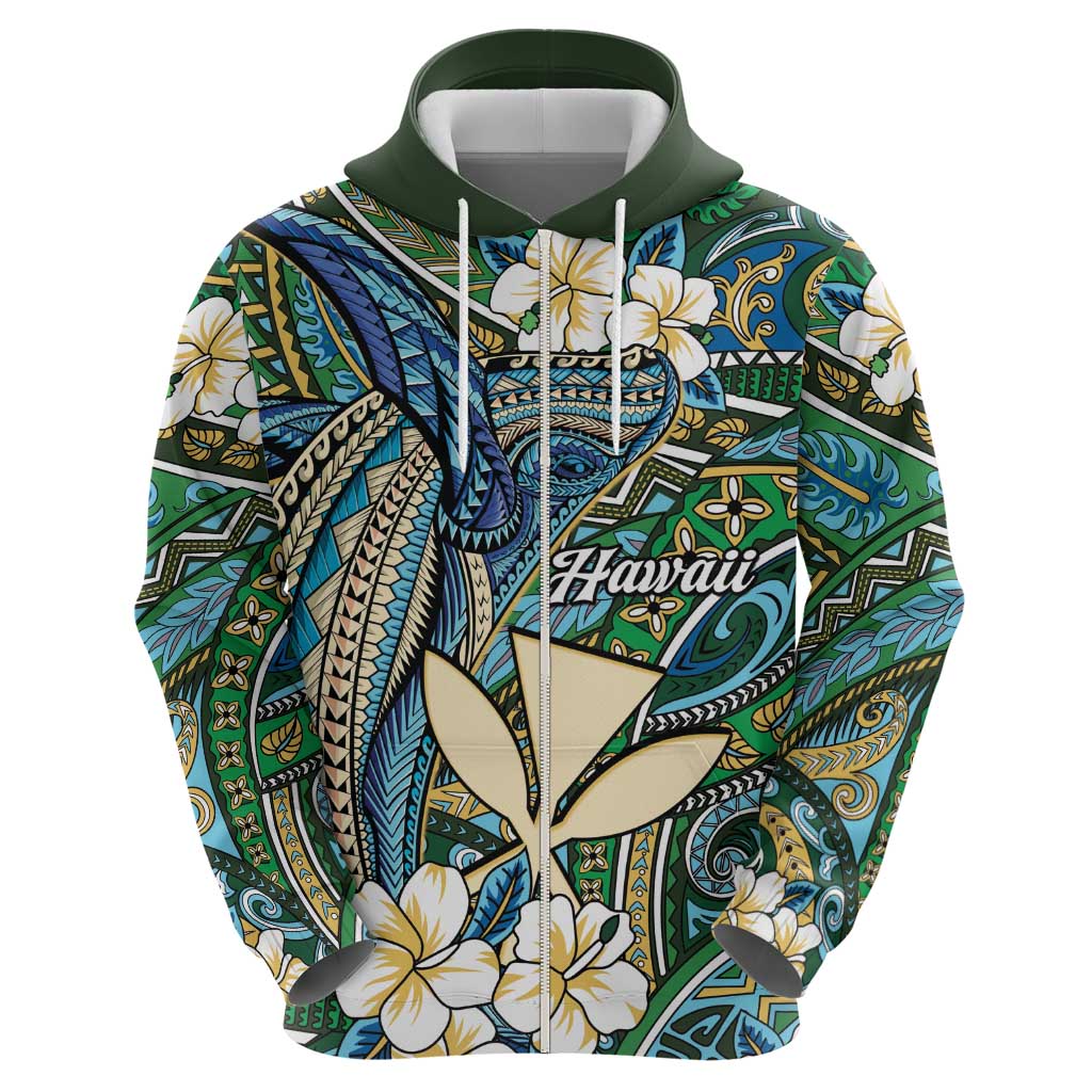 Personalised Hawaii Tribal Humpback Whale Zip Hoodie Omaomao Hibiscus Seamless Pattern