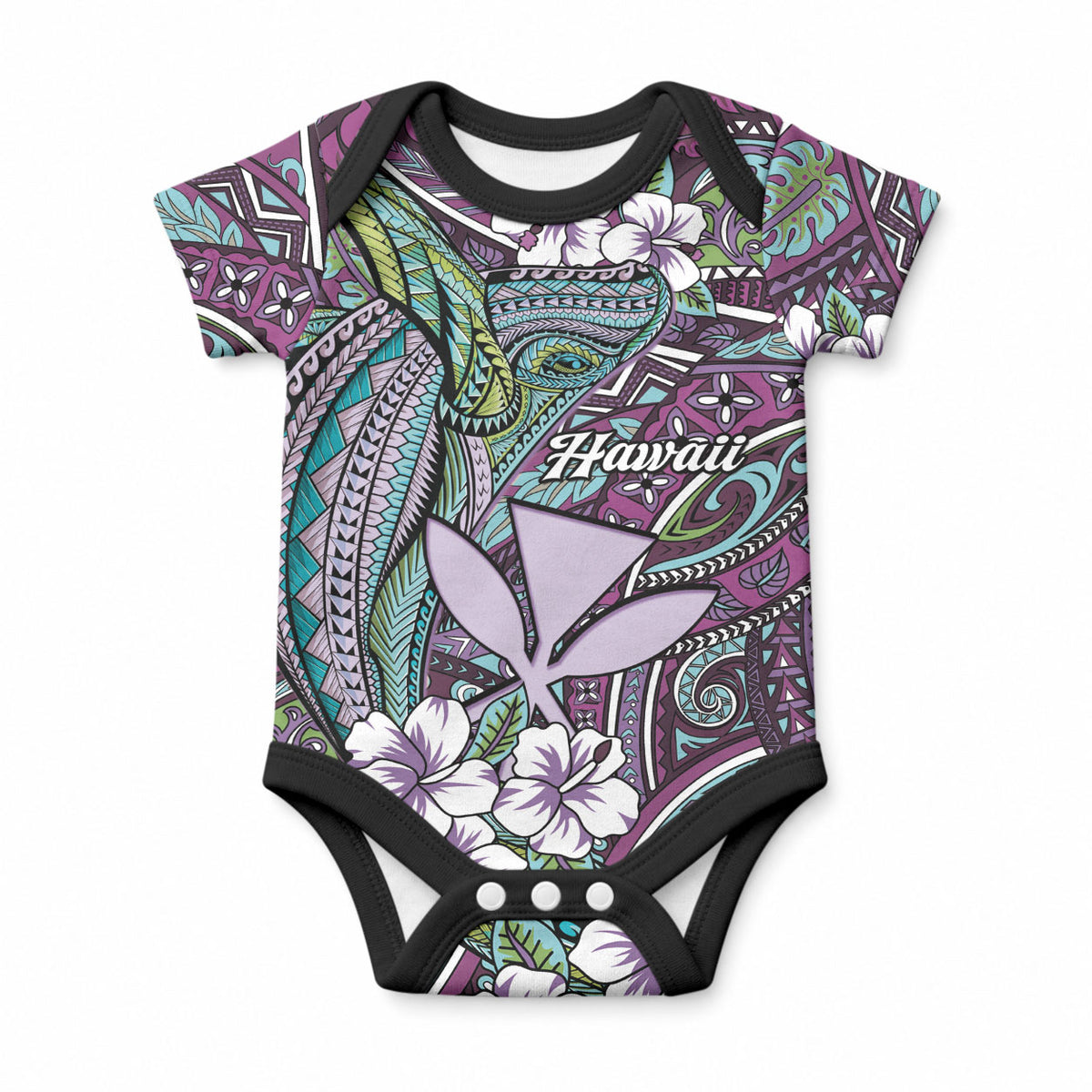 Personalised Hawaii Tribal Humpback Whale Baby Onesie Poni Hibiscus Seamless Pattern LT9 Blue - Polynesian Pride