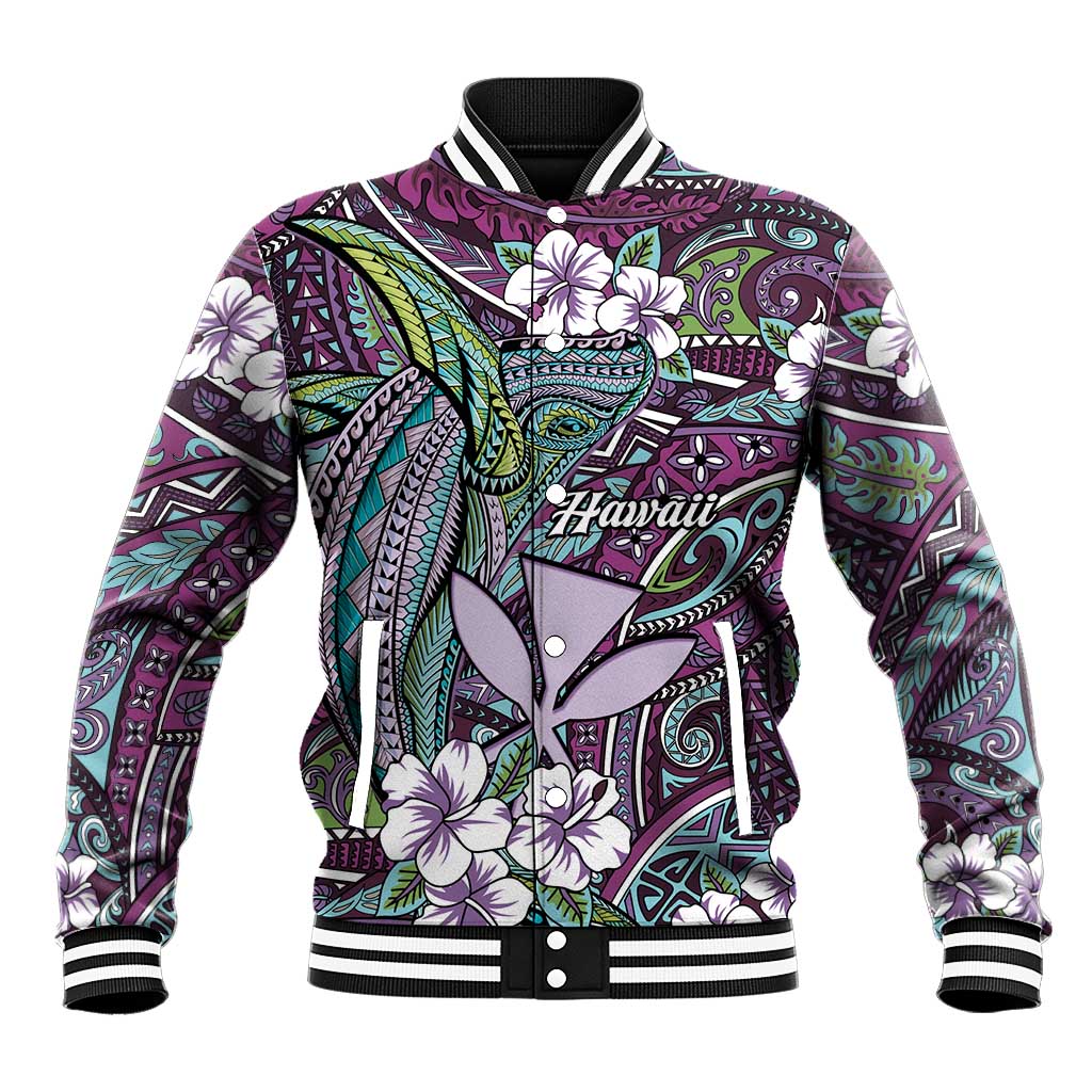 Personalised Hawaii Tribal Humpback Whale Baseball Jacket Poni Hibiscus Seamless Pattern
