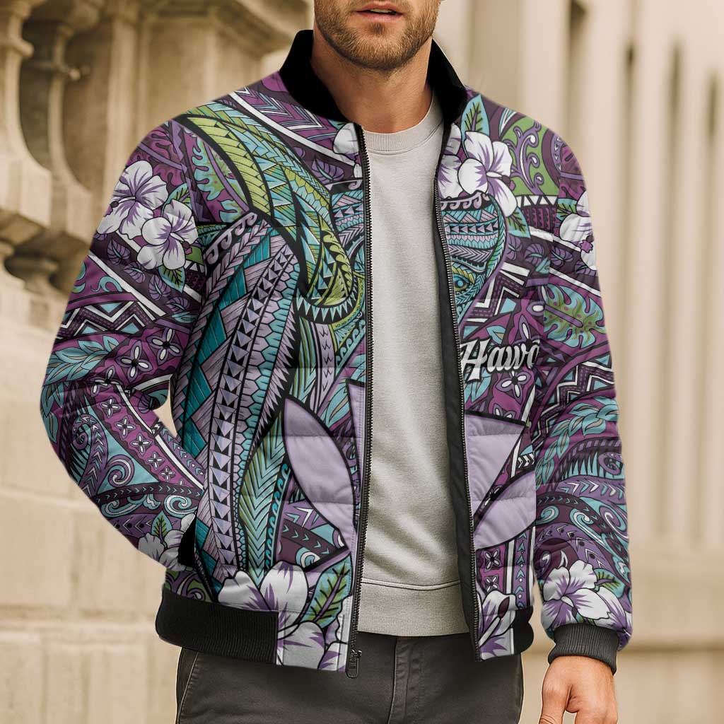 Personalised Hawaii Tribal Humpback Whale Bomber Puffer Jacket Poni Hibiscus Seamless Pattern