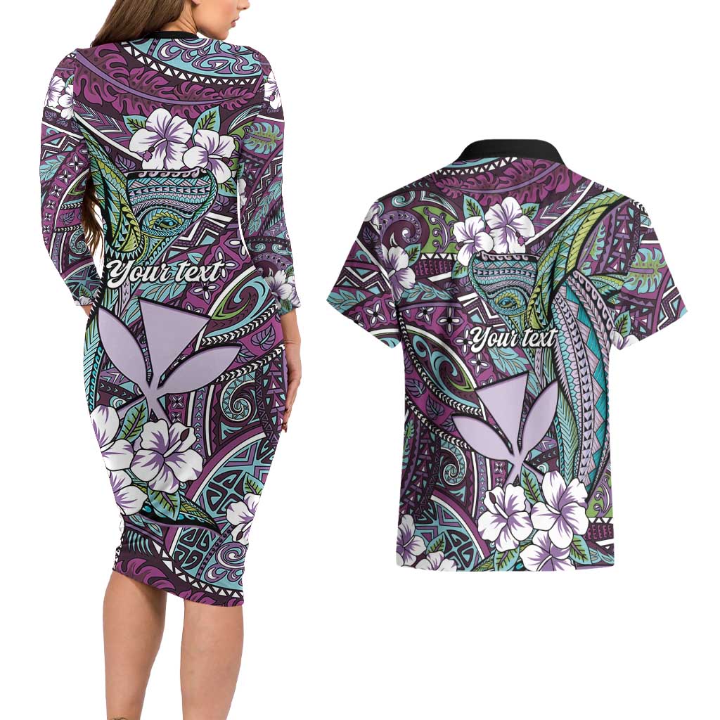Personalised Hawaii Tribal Humpback Whale Couples Matching Long Sleeve Bodycon Dress and Hawaiian Shirt Poni Hibiscus Seamless Pattern