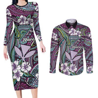 Personalised Hawaii Tribal Humpback Whale Couples Matching Long Sleeve Bodycon Dress and Long Sleeve Button Shirt Poni Hibiscus Seamless Pattern