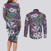 Personalised Hawaii Tribal Humpback Whale Couples Matching Long Sleeve Bodycon Dress and Long Sleeve Button Shirt Poni Hibiscus Seamless Pattern