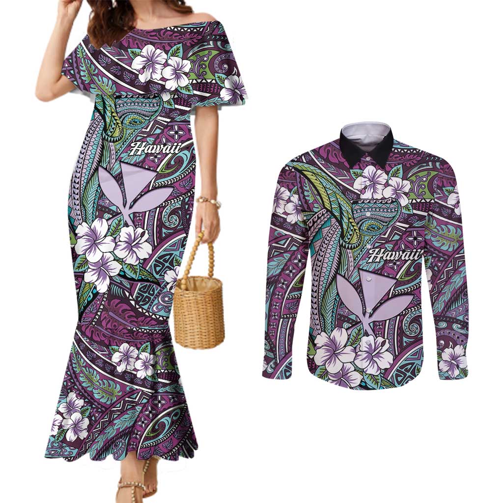 Personalised Hawaii Tribal Humpback Whale Couples Matching Mermaid Dress and Long Sleeve Button Shirt Poni Hibiscus Seamless Pattern LT9 Purple - Polynesian Pride