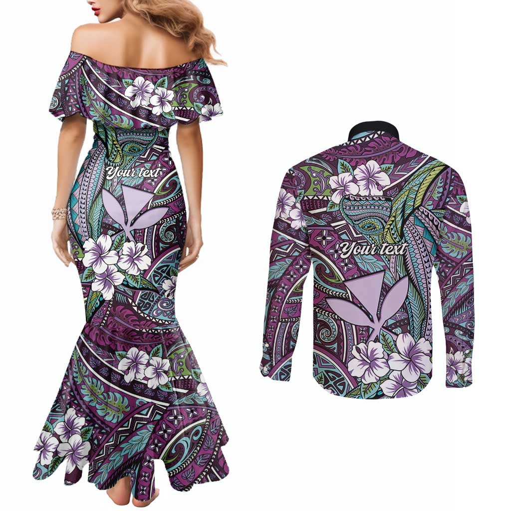 Personalised Hawaii Tribal Humpback Whale Couples Matching Mermaid Dress and Long Sleeve Button Shirt Poni Hibiscus Seamless Pattern LT9 - Polynesian Pride