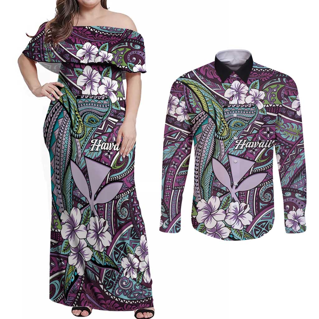 Personalised Hawaii Tribal Humpback Whale Couples Matching Off Shoulder Maxi Dress and Long Sleeve Button Shirt Poni Hibiscus Seamless Pattern