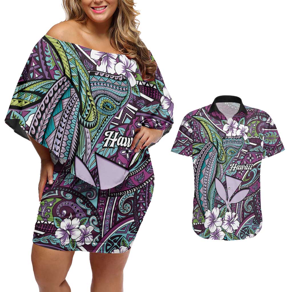 Personalised Hawaii Tribal Humpback Whale Couples Matching Off Shoulder Short Dress and Hawaiian Shirt Poni Hibiscus Seamless Pattern