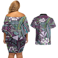 Personalised Hawaii Tribal Humpback Whale Couples Matching Off Shoulder Short Dress and Hawaiian Shirt Poni Hibiscus Seamless Pattern