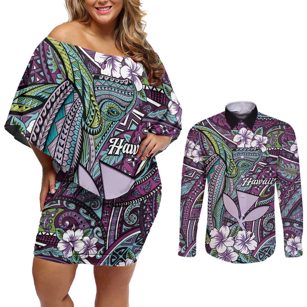 Personalised Hawaii Tribal Humpback Whale Couples Matching Off Shoulder Short Dress and Long Sleeve Button Shirt Poni Hibiscus Seamless Pattern