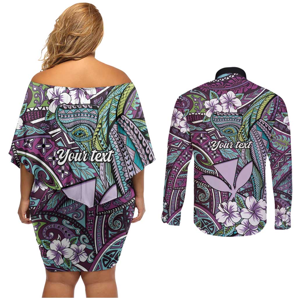 Personalised Hawaii Tribal Humpback Whale Couples Matching Off Shoulder Short Dress and Long Sleeve Button Shirt Poni Hibiscus Seamless Pattern