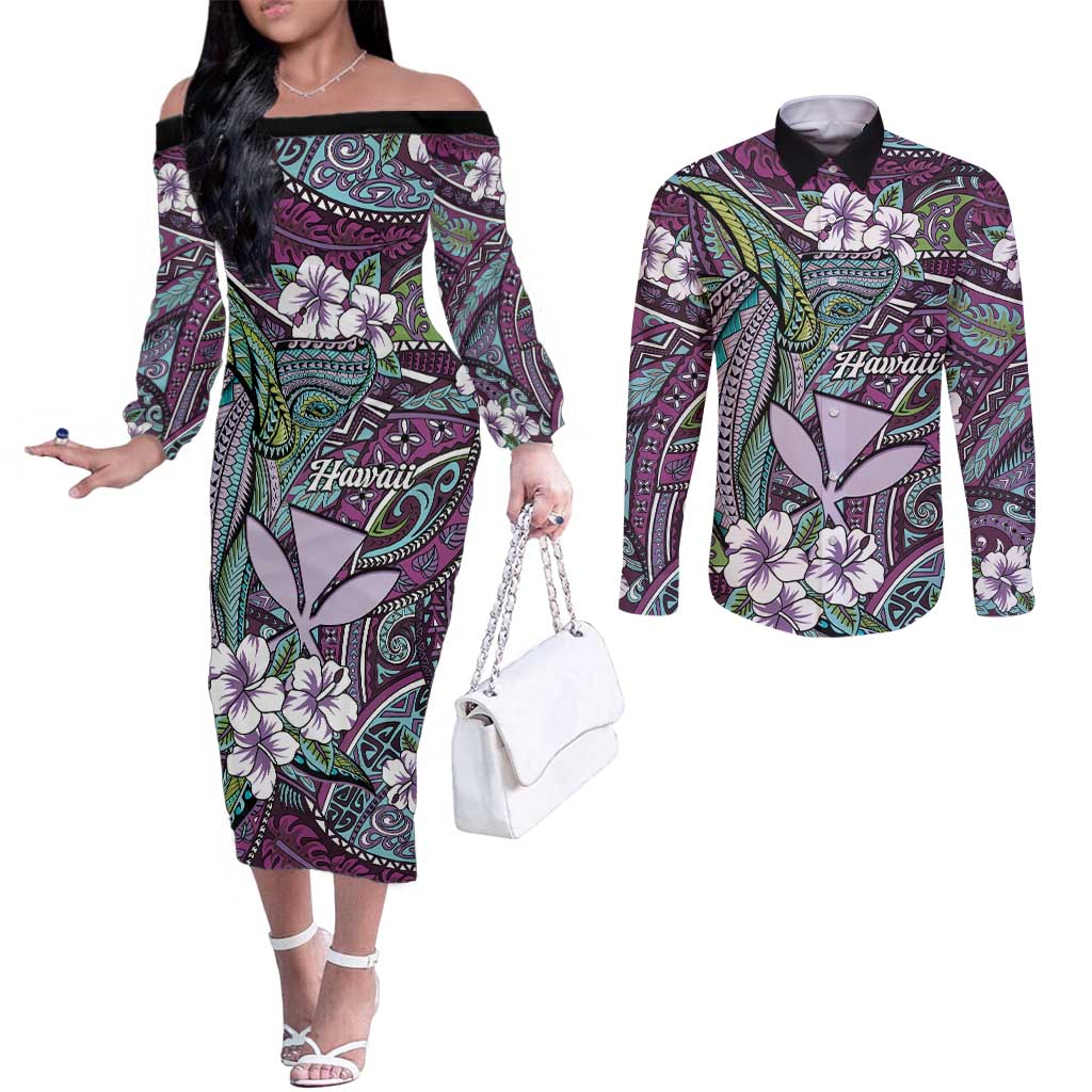 Personalised Hawaii Tribal Humpback Whale Couples Matching Off The Shoulder Long Sleeve Dress and Long Sleeve Button Shirt Poni Hibiscus Seamless Pattern LT9 Purple - Polynesian Pride