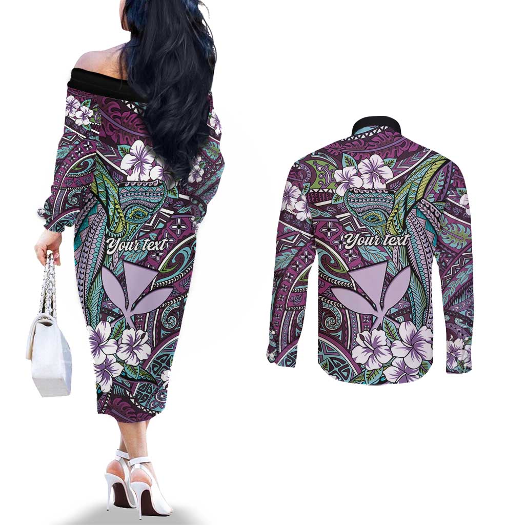 Personalised Hawaii Tribal Humpback Whale Couples Matching Off The Shoulder Long Sleeve Dress and Long Sleeve Button Shirt Poni Hibiscus Seamless Pattern LT9 - Polynesian Pride