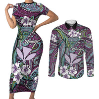 Personalised Hawaii Tribal Humpback Whale Couples Matching Short Sleeve Bodycon Dress and Long Sleeve Button Shirt Poni Hibiscus Seamless Pattern