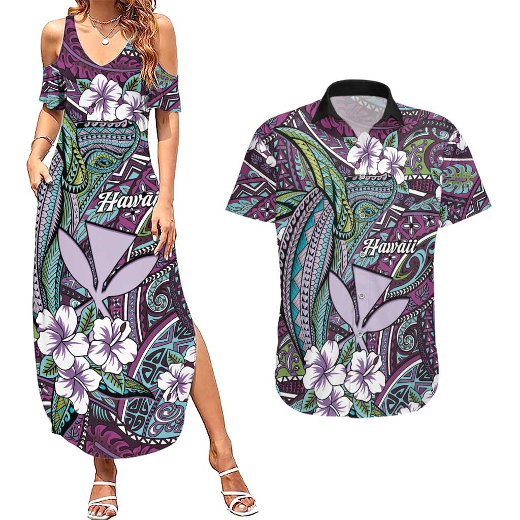 Personalised Hawaii Tribal Humpback Whale Couples Matching Summer Maxi Dress and Hawaiian Shirt Poni Hibiscus Seamless Pattern