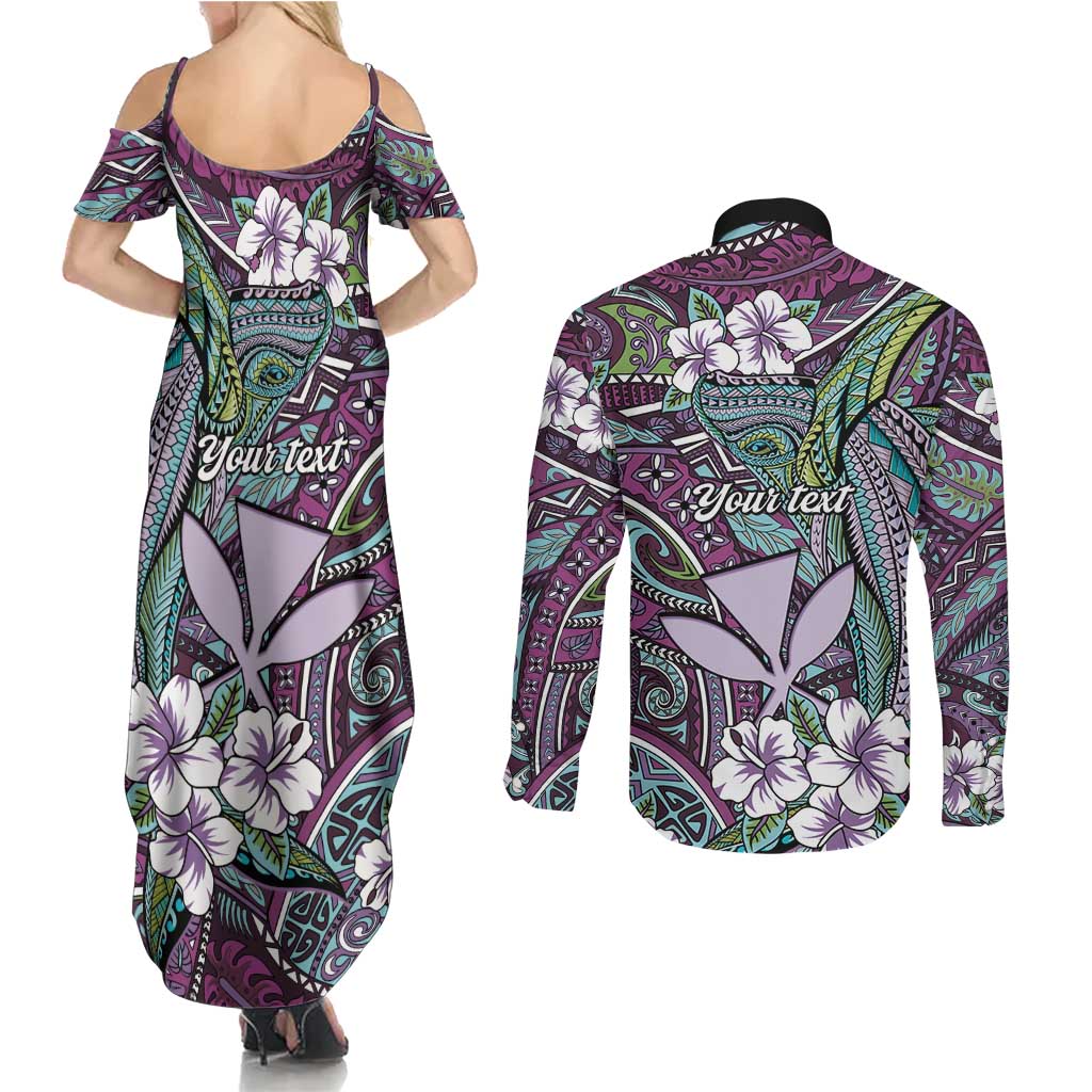 Personalised Hawaii Tribal Humpback Whale Couples Matching Summer Maxi Dress and Long Sleeve Button Shirt Poni Hibiscus Seamless Pattern