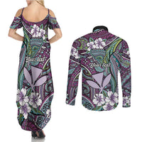 Personalised Hawaii Tribal Humpback Whale Couples Matching Summer Maxi Dress and Long Sleeve Button Shirt Poni Hibiscus Seamless Pattern