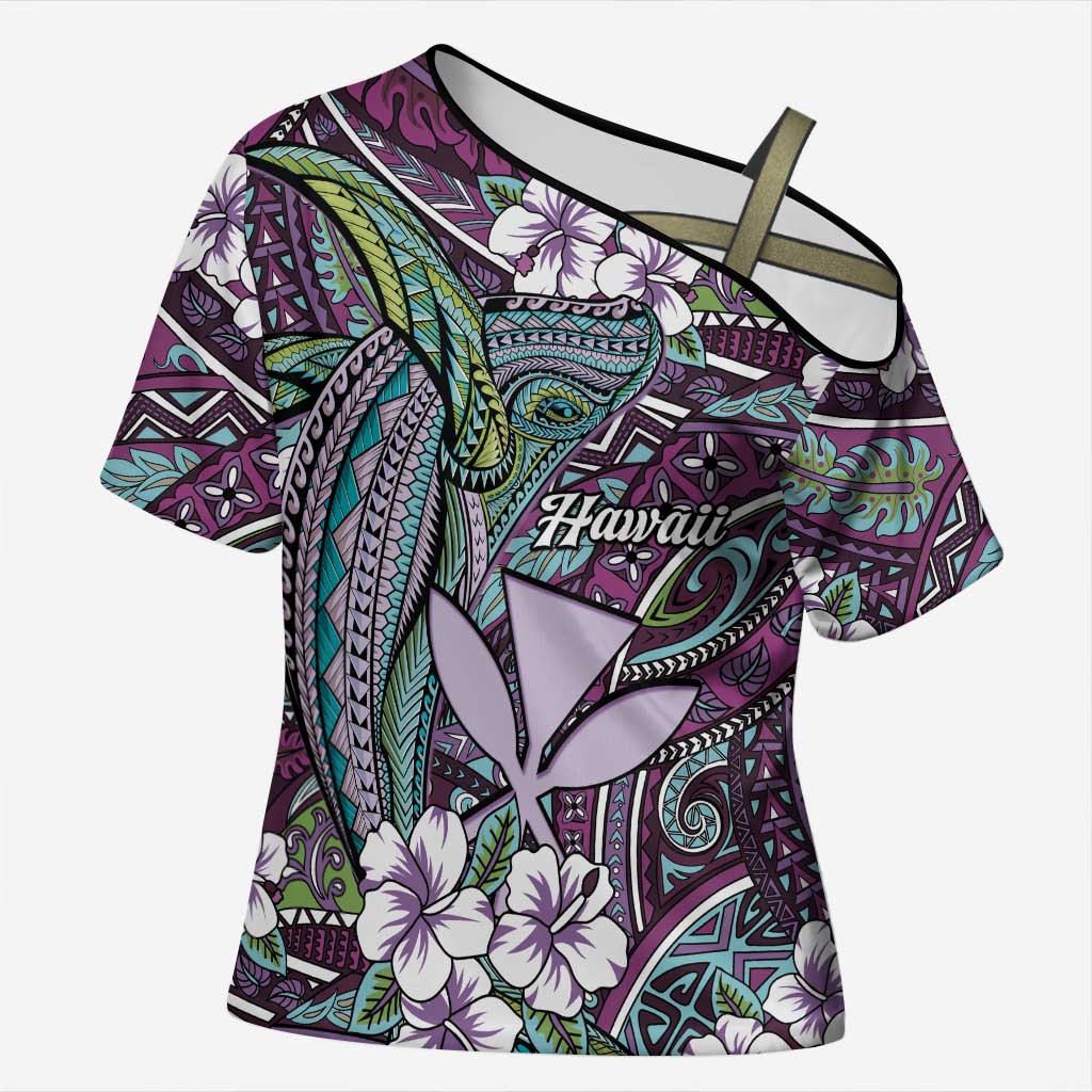 Personalised Hawaii Tribal Humpback Whale Cross Shoulder Shirt Poni Hibiscus Seamless Pattern