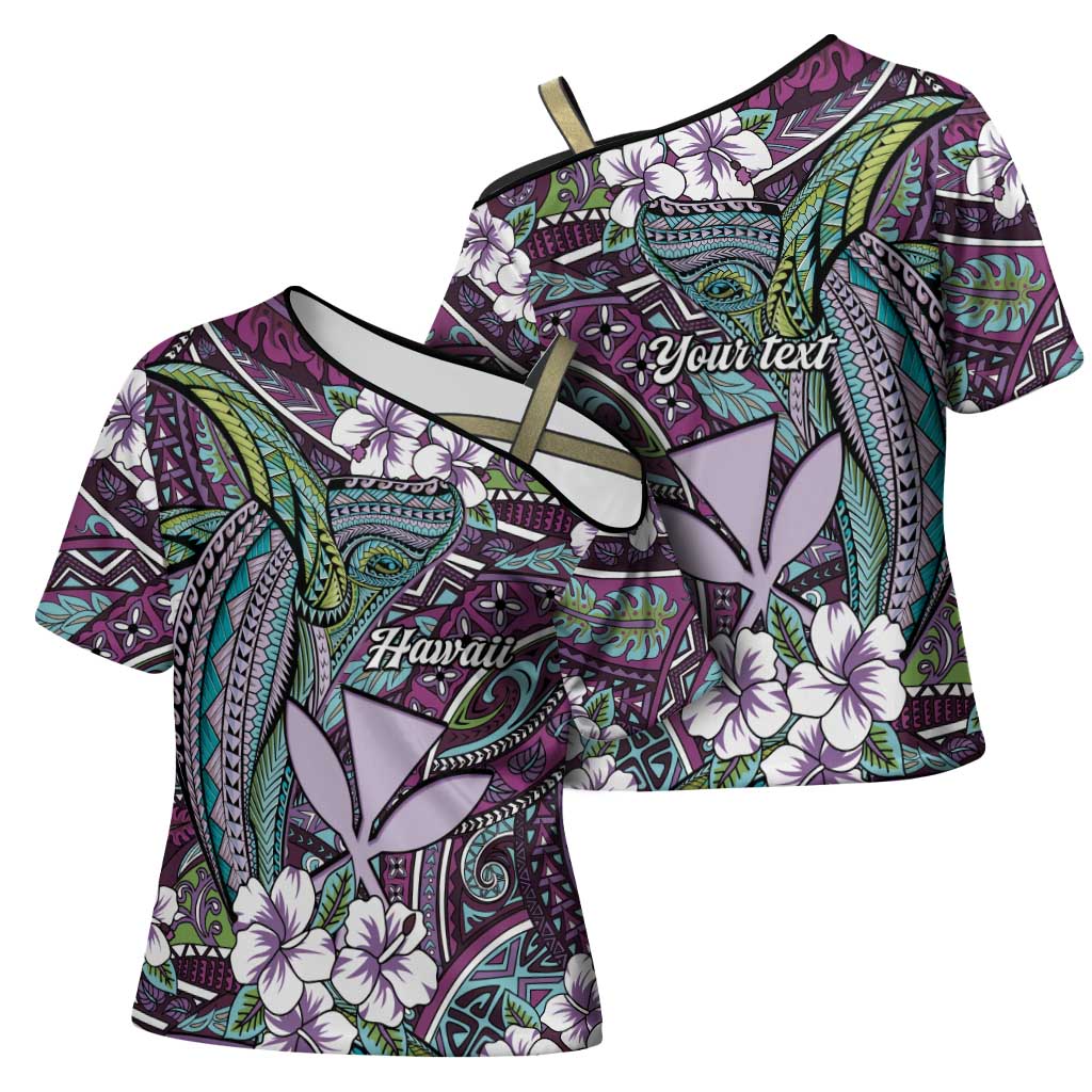 Personalised Hawaii Tribal Humpback Whale Cross Shoulder Shirt Poni Hibiscus Seamless Pattern