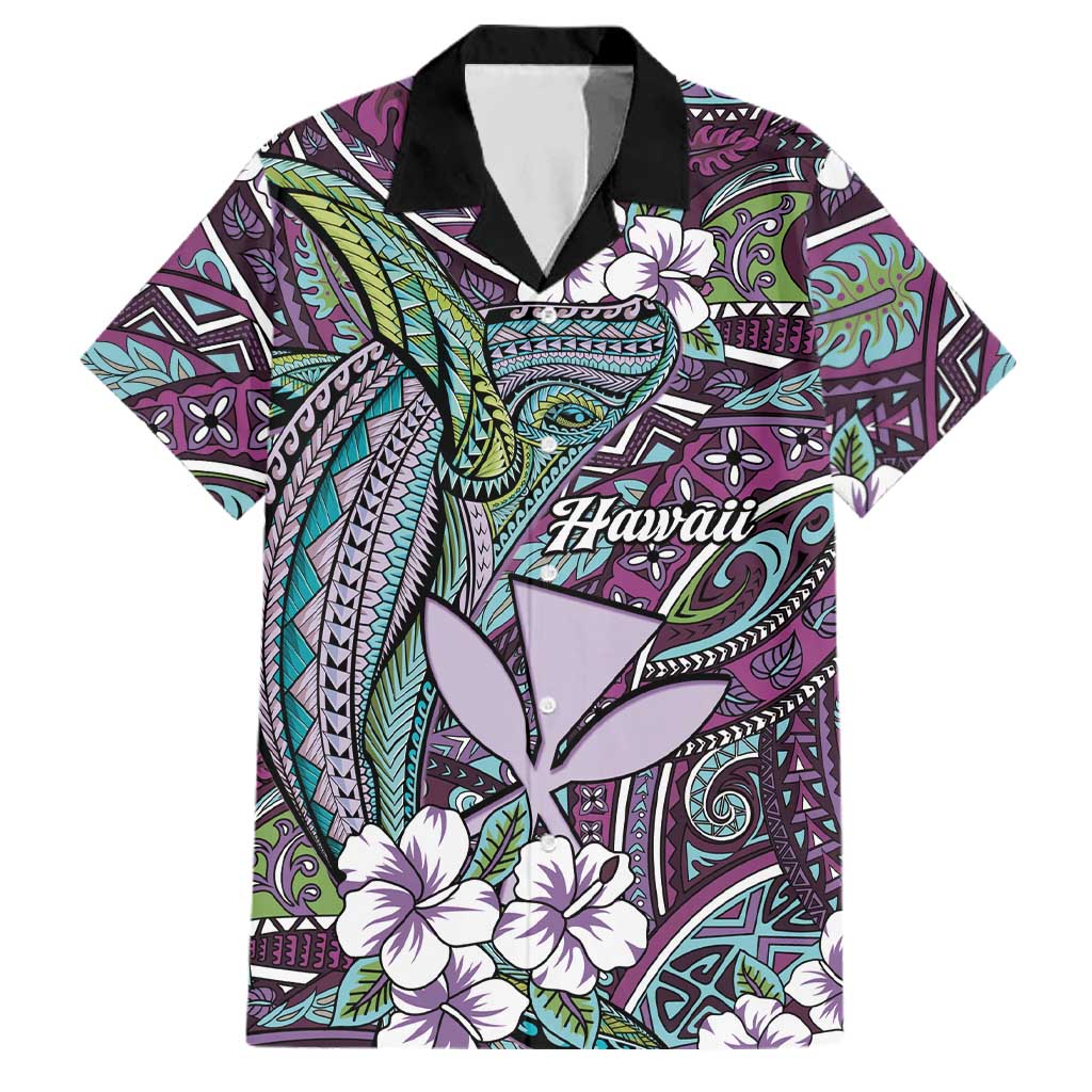 Personalised Hawaii Tribal Humpback Whale Family Matching Long Sleeve Bodycon Dress and Hawaiian Shirt Poni Hibiscus Seamless Pattern LT9 Dad's Shirt - Short Sleeve Purple - Polynesian Pride