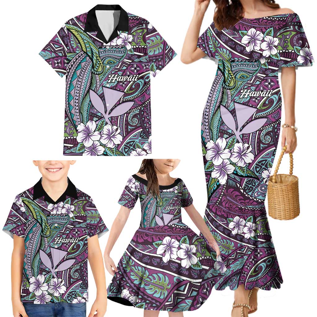 Personalised Hawaii Tribal Humpback Whale Family Matching Mermaid Dress and Hawaiian Shirt Poni Hibiscus Seamless Pattern LT9 - Polynesian Pride