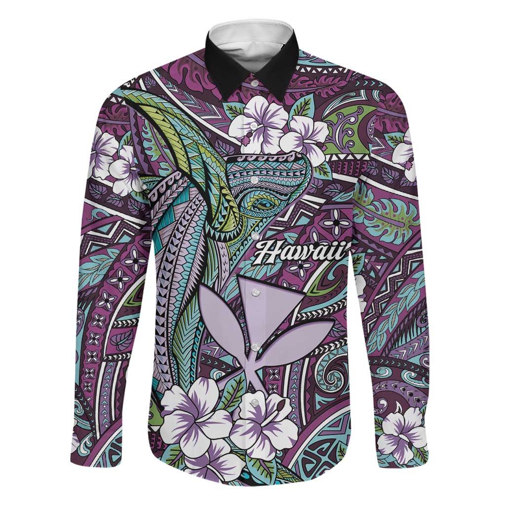 Personalised Hawaii Tribal Humpback Whale Family Matching Mermaid Dress and Hawaiian Shirt Poni Hibiscus Seamless Pattern LT9 Dad's Shirt - Long Sleeve Purple - Polynesian Pride