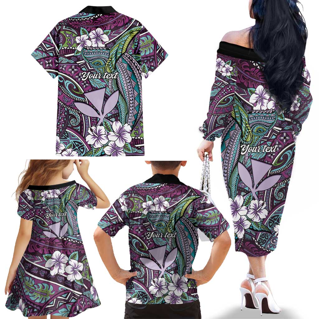Personalised Hawaii Tribal Humpback Whale Family Matching Off The Shoulder Long Sleeve Dress and Hawaiian Shirt Poni Hibiscus Seamless Pattern LT9 - Polynesian Pride