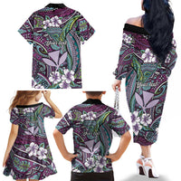 Personalised Hawaii Tribal Humpback Whale Family Matching Off The Shoulder Long Sleeve Dress and Hawaiian Shirt Poni Hibiscus Seamless Pattern LT9 - Polynesian Pride