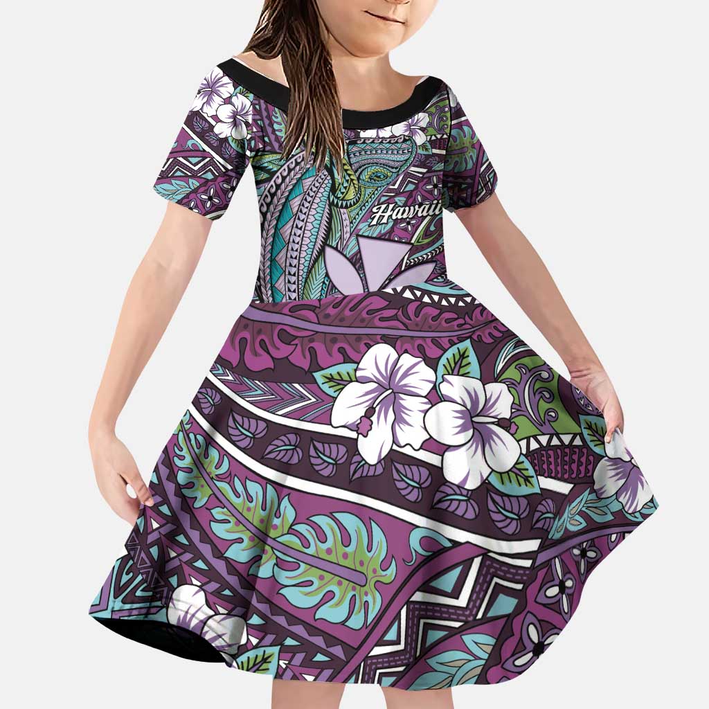 Personalised Hawaii Tribal Humpback Whale Family Matching Off Shoulder Maxi Dress and Hawaiian Shirt Poni Hibiscus Seamless Pattern LT9 Daughter's Dress Purple - Polynesian Pride