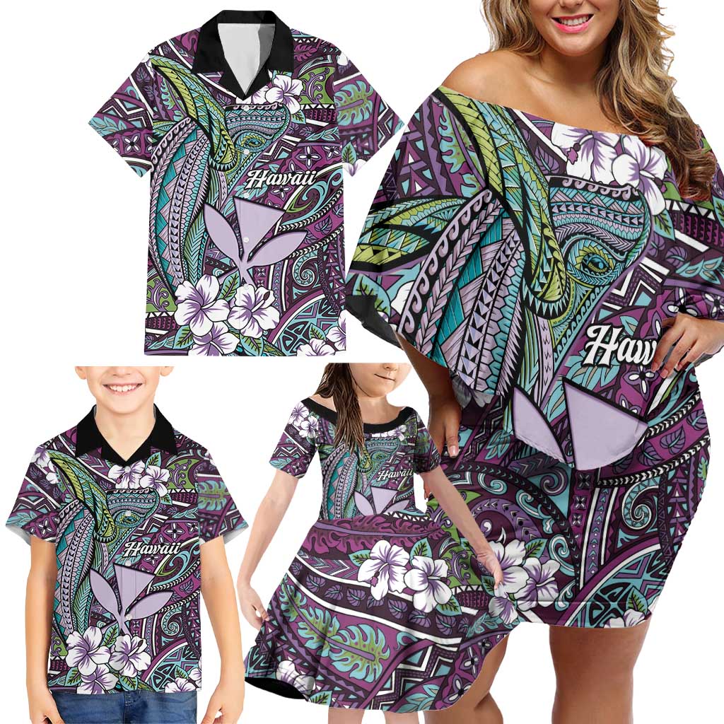 Personalised Hawaii Tribal Humpback Whale Family Matching Off Shoulder Short Dress and Hawaiian Shirt Poni Hibiscus Seamless Pattern LT9 - Polynesian Pride