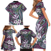 Personalised Hawaii Tribal Humpback Whale Family Matching Short Sleeve Bodycon Dress and Hawaiian Shirt Poni Hibiscus Seamless Pattern LT9 - Polynesian Pride