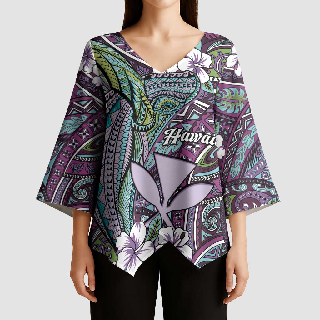 Personalised Hawaii Tribal Humpback Whale Kimono Sleeve Blouse Poni Hibiscus Seamless Pattern