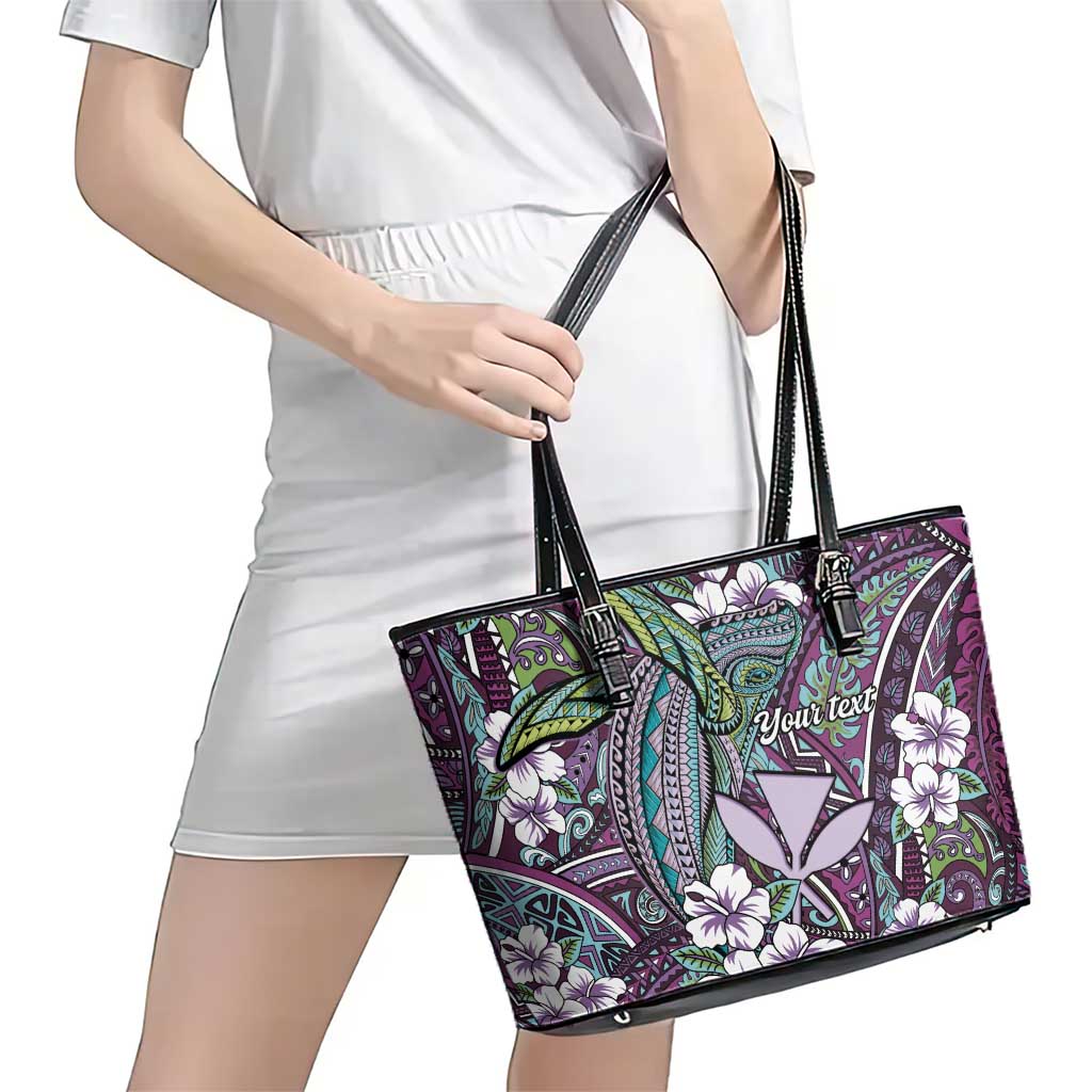 Personalised Hawaii Tribal Humpback Whale Leather Tote Bag Poni Hibiscus Seamless Pattern