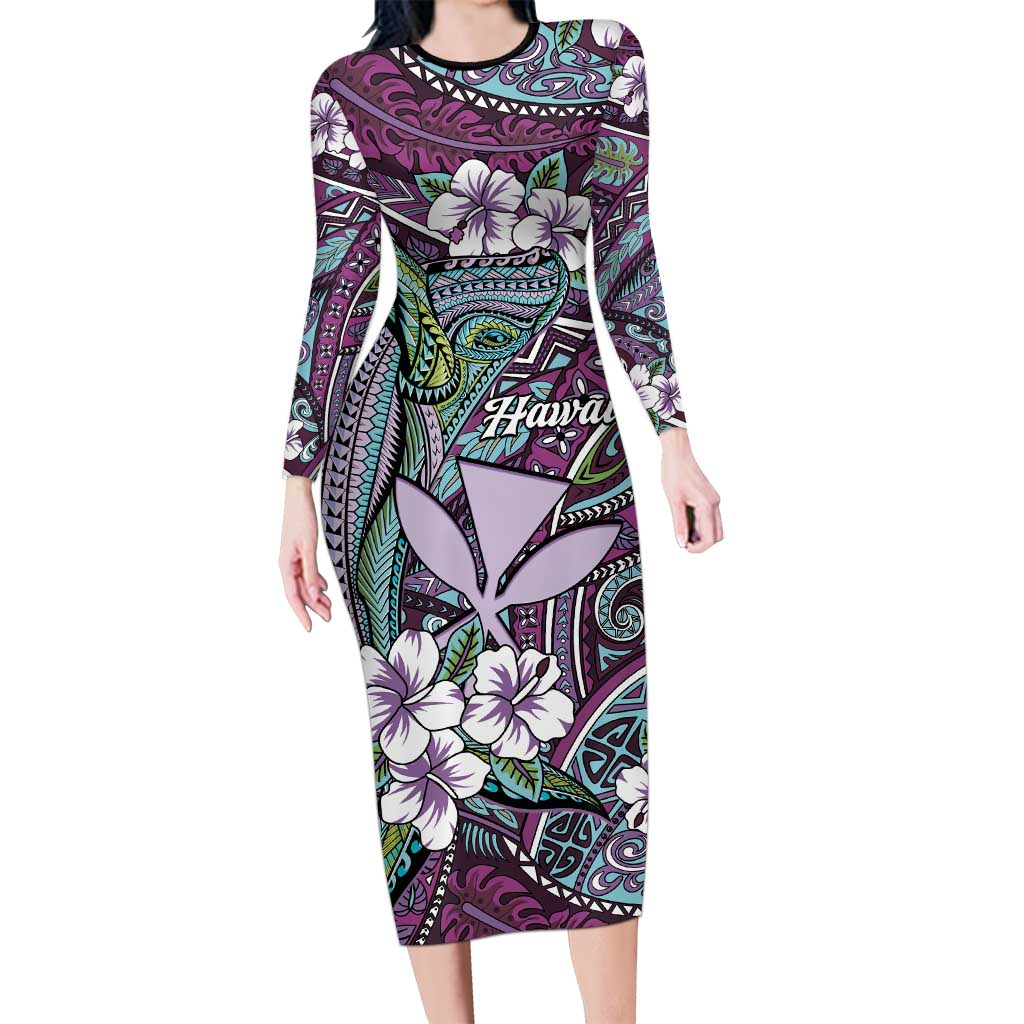 Personalised Hawaii Tribal Humpback Whale Long Sleeve Bodycon Dress Poni Hibiscus Seamless Pattern