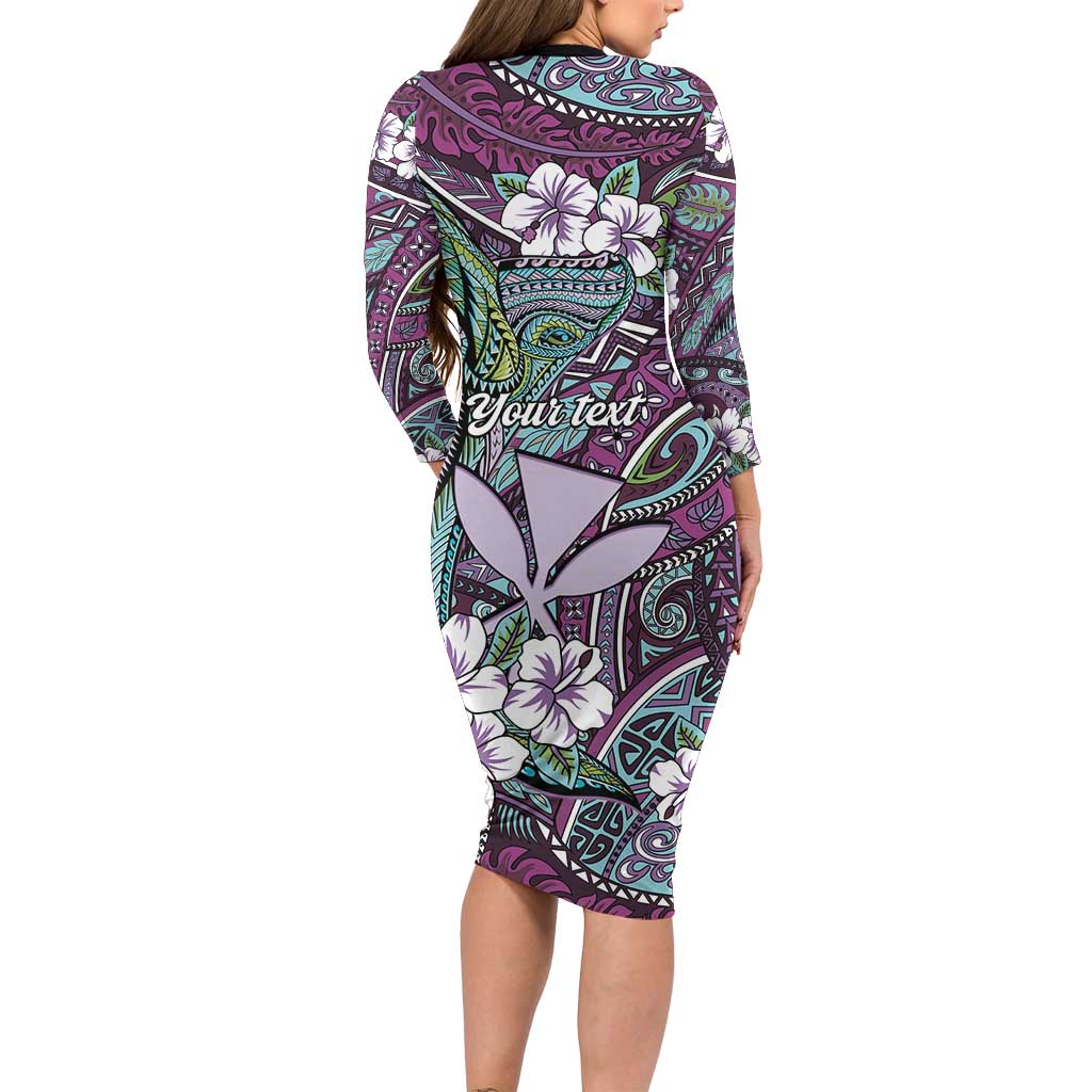 Personalised Hawaii Tribal Humpback Whale Long Sleeve Bodycon Dress Poni Hibiscus Seamless Pattern