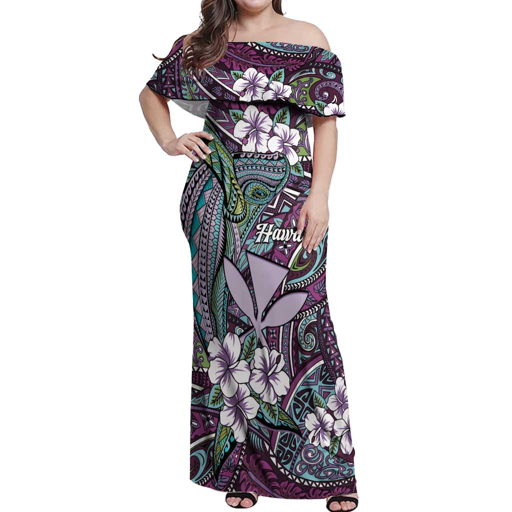 Personalised Hawaii Tribal Humpback Whale Off Shoulder Maxi Dress Poni Hibiscus Seamless Pattern