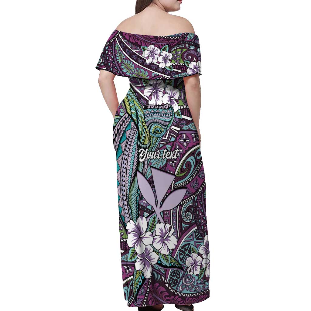 Personalised Hawaii Tribal Humpback Whale Off Shoulder Maxi Dress Poni Hibiscus Seamless Pattern