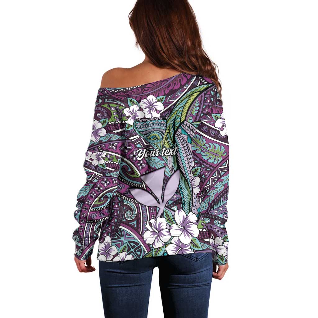 Personalised Hawaii Tribal Humpback Whale Off Shoulder Sweater Poni Hibiscus Seamless Pattern