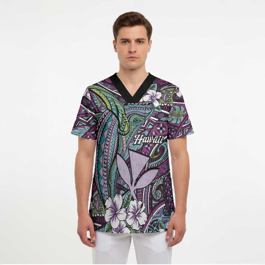 Personalised Hawaii Tribal Humpback Whale Scrub Top Poni Hibiscus Seamless Pattern