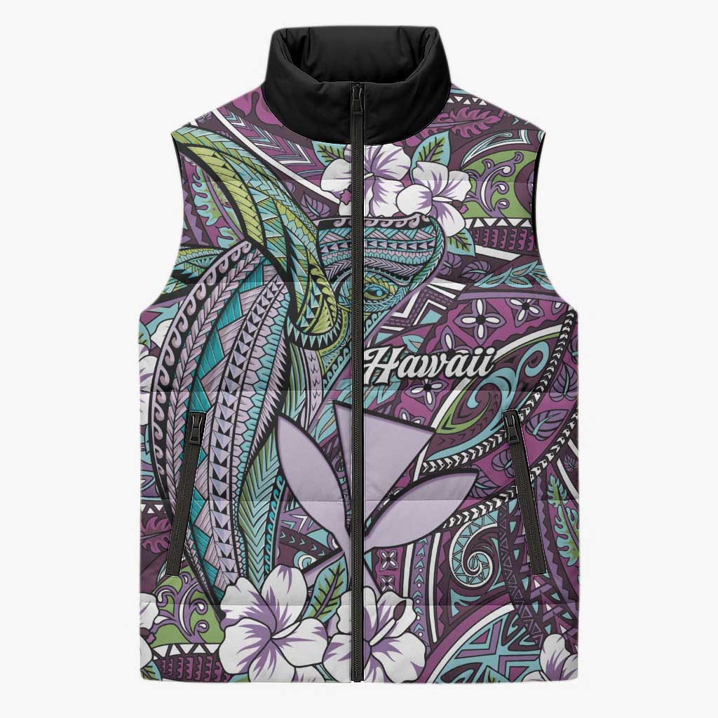 Personalised Hawaii Tribal Humpback Whale Sleeveless Puffer Jacket Poni Hibiscus Seamless Pattern