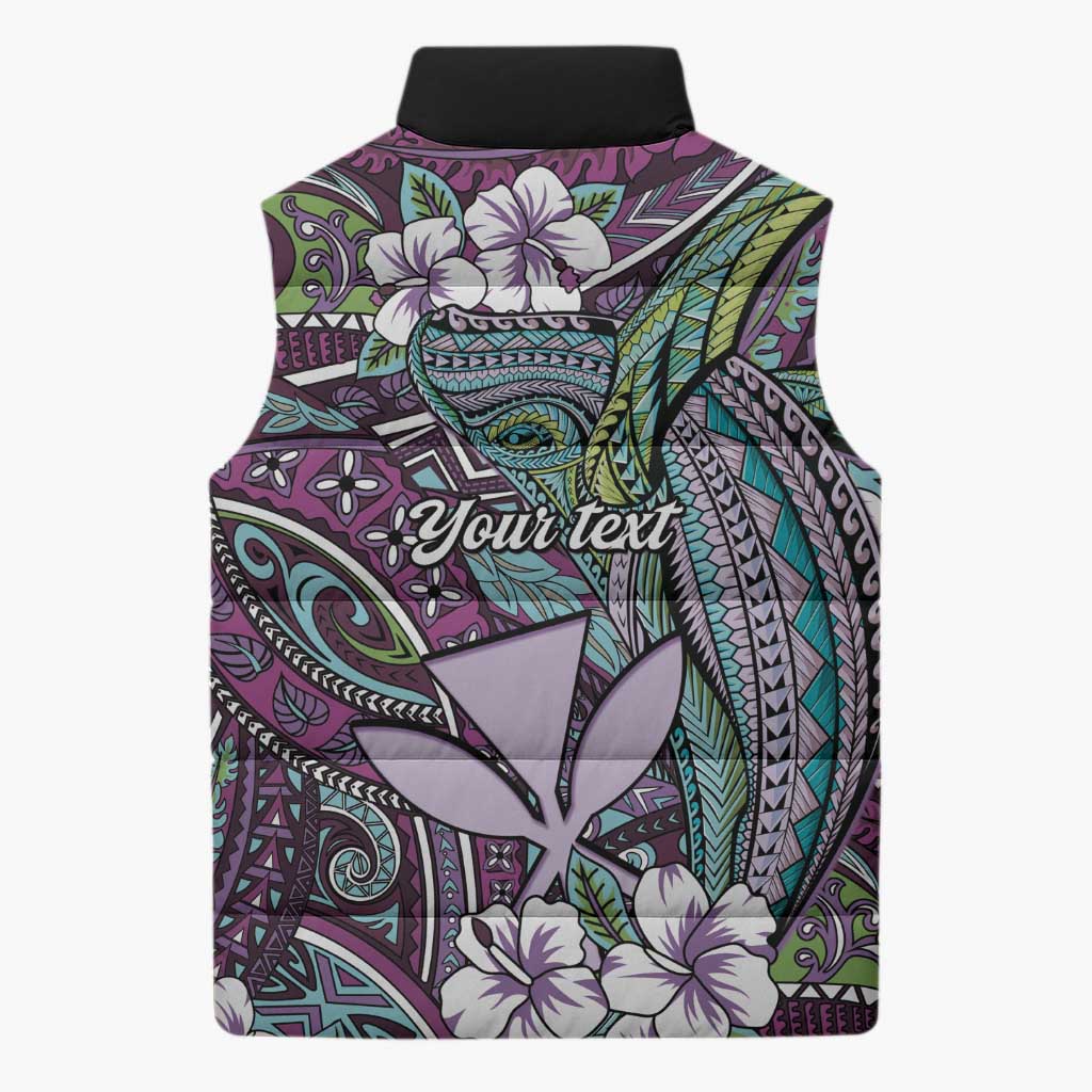 Personalised Hawaii Tribal Humpback Whale Sleeveless Puffer Jacket Poni Hibiscus Seamless Pattern